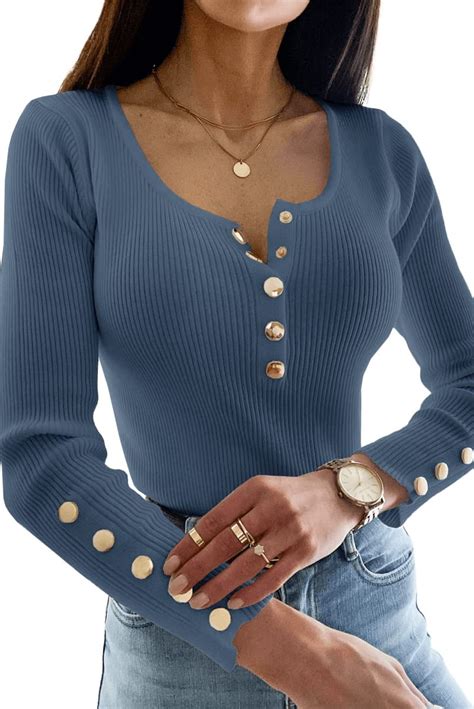 Sherrylily Women Sexy Long Sleeve Sweater Pullover Scoop Neck Button Up