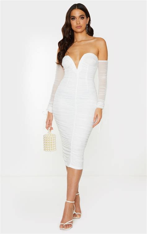 White Mesh V Bar Ruched Detail Bardot Midi Dress Prettylittlething