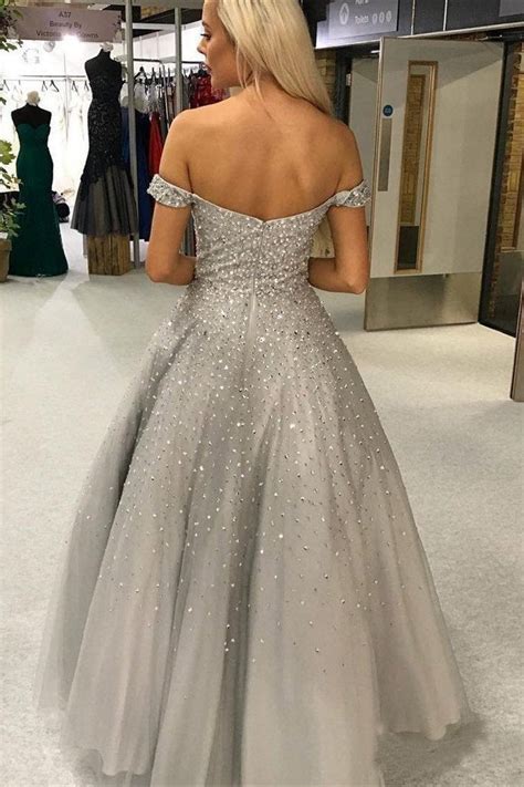 Buy Shiny Ball Gown Off The Shoulder Sweetheart Silver Beaded Tulle