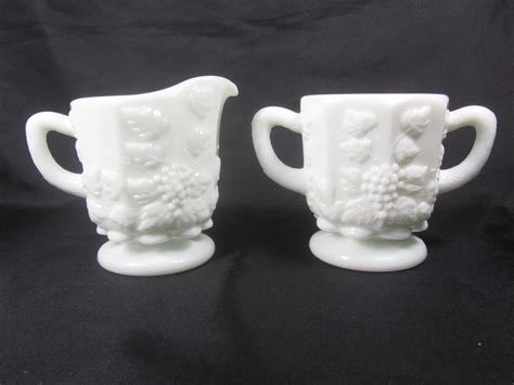 Milk Glass Sugar and Creamer Set, Creamer, Sugar Bowl, Grape Design, Wedding Decor, Table ...