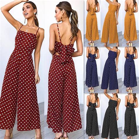 Buy Women Boho Polka Dot Strappy Jumpsuit Ladies Holiday Wide Leg