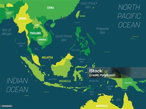 Peta Asia Tenggara Warna Hijau Diwarnai Latar Belakang Gelap Peta