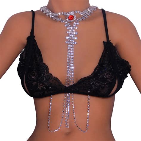 Sexy Body Chain Red Crystal Bra Harness Lingerie Jewelry For Women