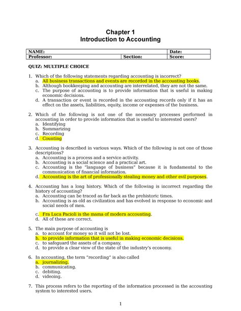 Quizzes Chapter Introduction To Accounting Chapter Introduction