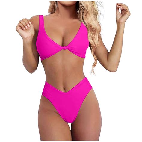 TAIAOJING Womens Bikini Set Two Piece Bikini Set For Solid V Neck Knot Front Push Up High Leg