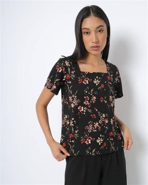 Buy Floral Print Square Neck Top With Flutter Sleeves Online At Best