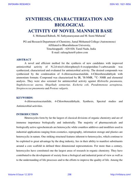 Pdf Synthesis Characterization And Biological Activity Of Novel