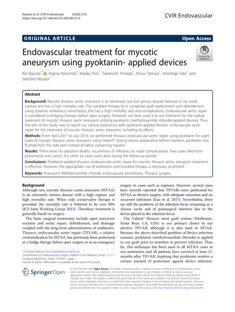 Pdf Endovascular Treatment For Mycotic Aneurysm Using Pyoktanin