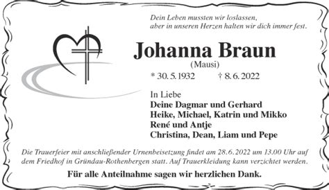 Traueranzeigen Von Johanna Braun Trauer Gnz De