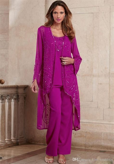 Plus Size Fuchsia Mother Of Bride Pant Suit Three Pieces Chiffon Mother Formal Wear Beaded Spec