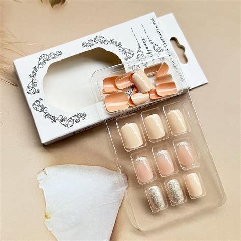 Press On Nails Short Square Nude Pink Glitter Fake Nails Gel Made Solid Color False Nails