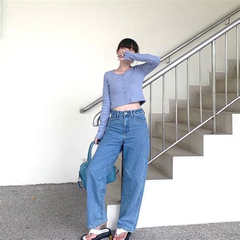 Quần Jeans Nữ Lưng Cao Ống Suông Rộng Màu Xanh Wash Đá Ldl 102a Shopee Việt Nam