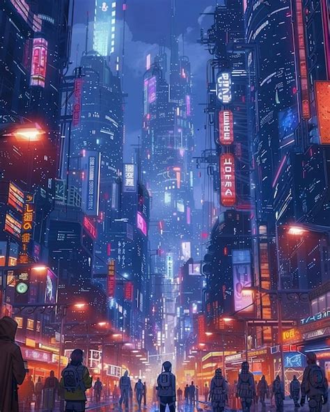 La Calle De La Ciudad Cyberpunk Por La Noche Con Luces De Ne N Y