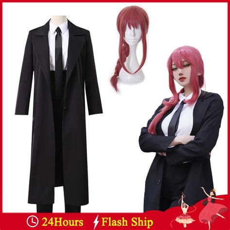 Anime Motosierra Hombre Makima Cosplay Disfraz Negro Trench Camisa