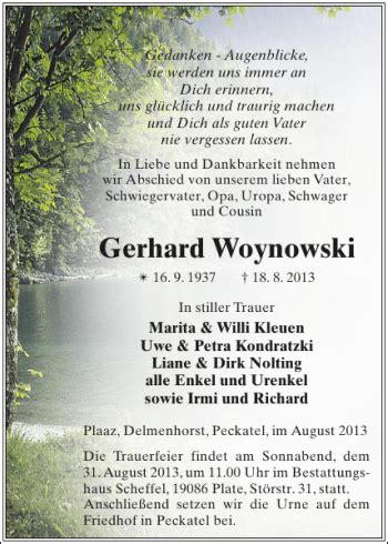 Traueranzeigen Von Gerhard Woynowski Trauer Nordkurier