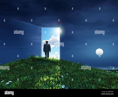 Man Before Open Door To Heaven Stock Photo Alamy