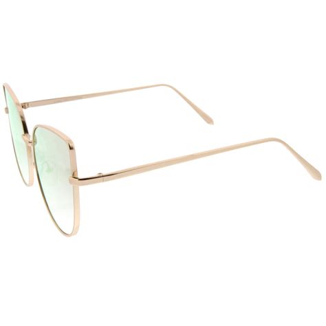 Oversize Slim Metal Frame Colored Mirror Flat Lens Cat Eye Sunglasses