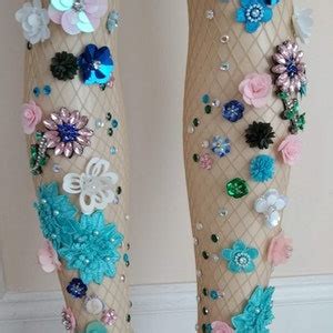 Nude Flower Fishnet Stockings Designer Tights D Handmade Flower Sequins Rhinestone Crystals