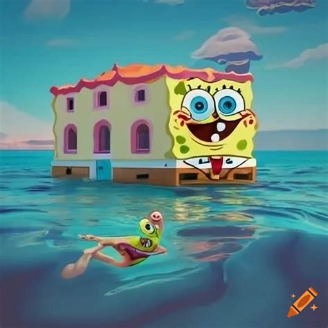 Greek palace on a remote island with patrick and spongebob swimming on ...