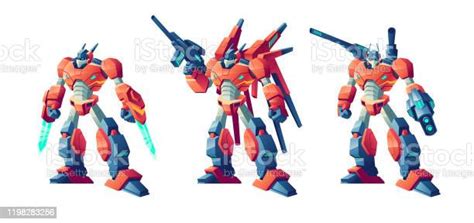 Transformer Robot Pertempuran Kartun Vektor Set Ilustrasi Stok Unduh