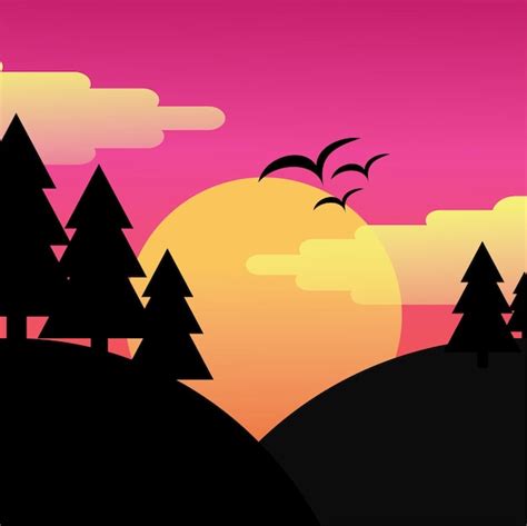 Puesta de sol de ilustración de paisaje Vector Premium