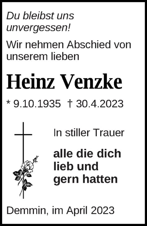 Traueranzeigen Von Heinz Venzke Trauer Nordkurier