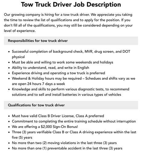 Tow Truck Driver Job Description Velvet Jobs