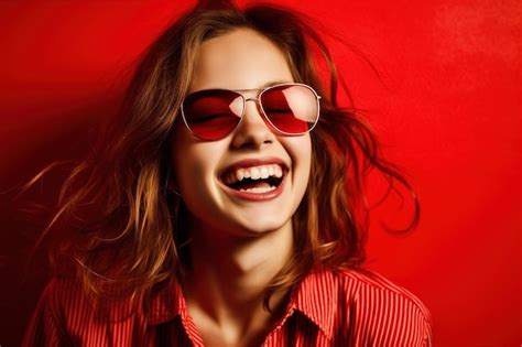 Premium Photo A Woman Wearing Sunglasses And A Red Shirt Is Smiling