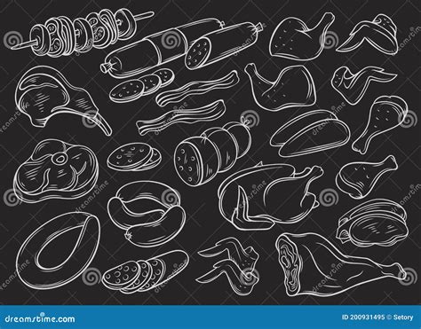 Meat Products On Black Chalkboard Vector Illustrations Hand Drawn Set