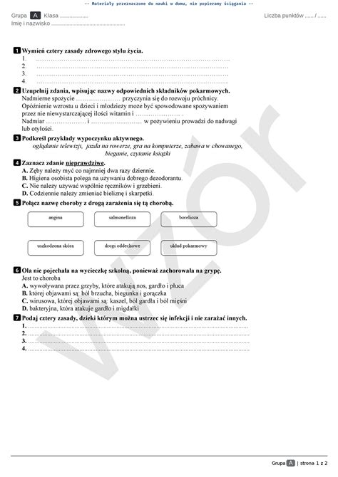 Tajemnice Przyrody Klasa 4 Dział 5 Test Grupa A strona 1 z 2