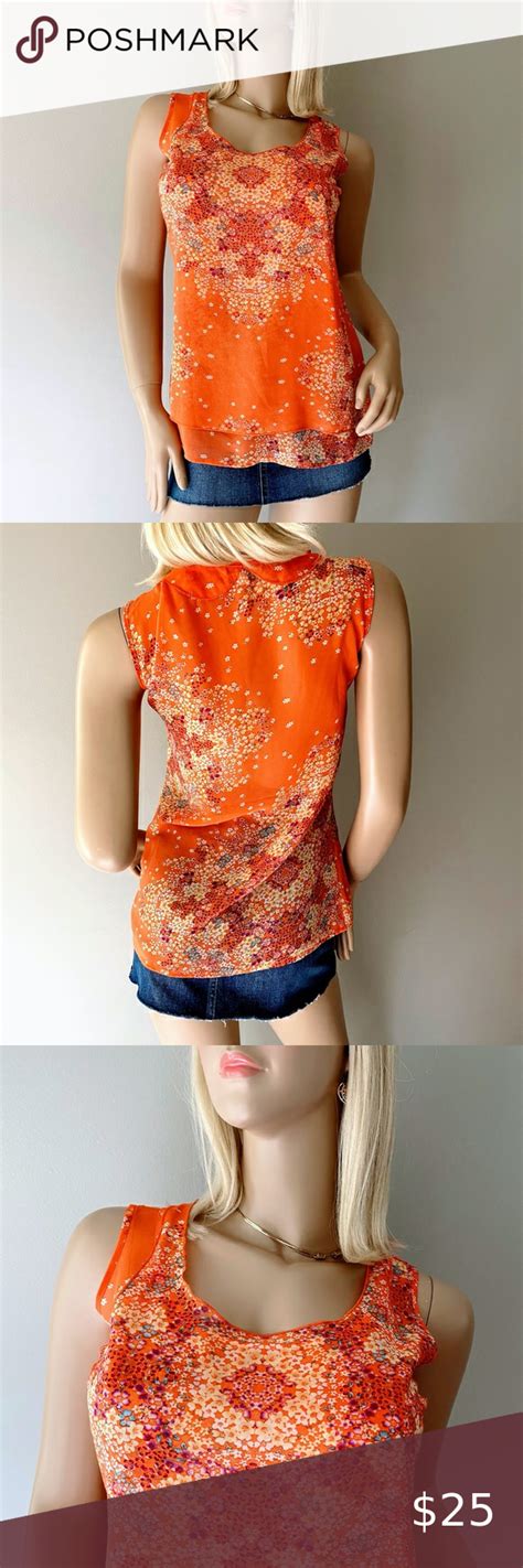 Cabi 268 Orange Floral Print Sheer Layer Tank Top Dressy Party