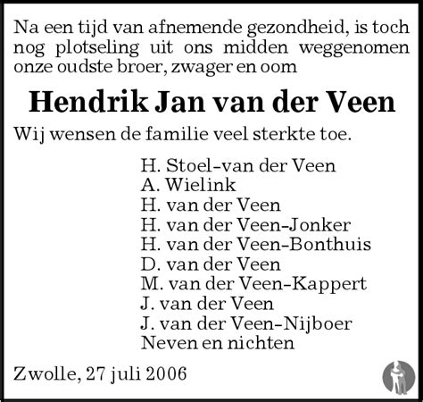 Hendrik Jan Van Der Veen Overlijdensbericht En Condoleances