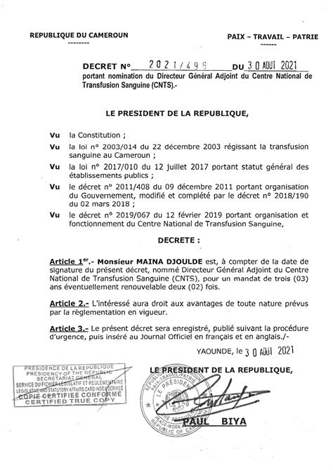 Décret N2021 496 du 30 août 2021 portant nomination du Président du