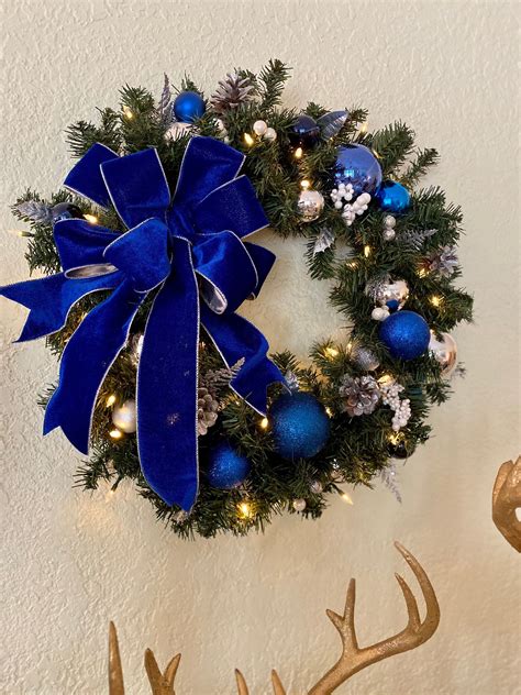 Wreath Blue Wreath Royal Blue Velvet Cordless Led Light Elegant