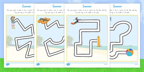 Summer Pencil Control Path Worksheets Twinkl