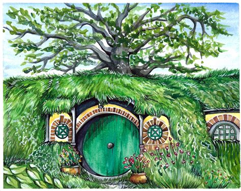 Baggend Hobbit Hole Hobbiton Watercolor Print From Lord Of The Rings