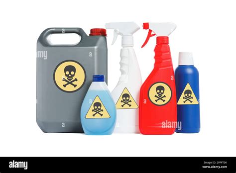 Bottles Of Toxic Household Chemicals With Warning Signs On White