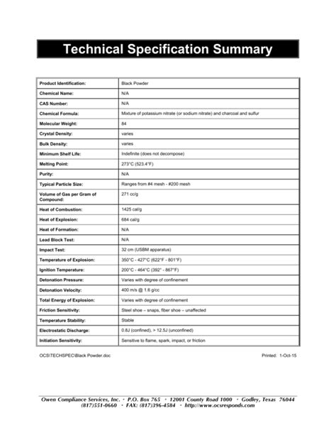 Technical Specification Summary Owen Compliance Services Inc