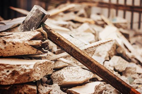 Sledge Hammer And Broken Wall And Rubble Stock Image Image Of Debris