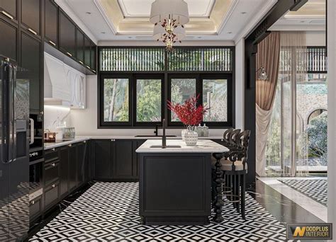 The Kitchen Is Decorated In Black And White With An Intricate Pattern