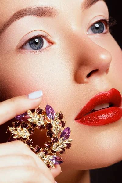 Close Up Of Beautiful Woman S Lips With Bright Fashion Red Glossy