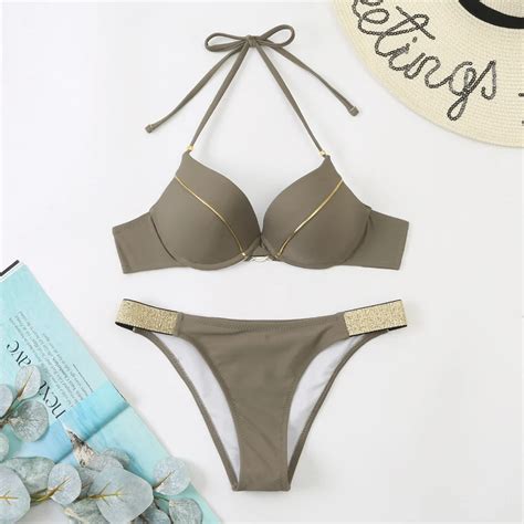Sexy Push Up Bra Bikini Tinsel Underwired Padded Swimsuit Thong Border String Halter Women