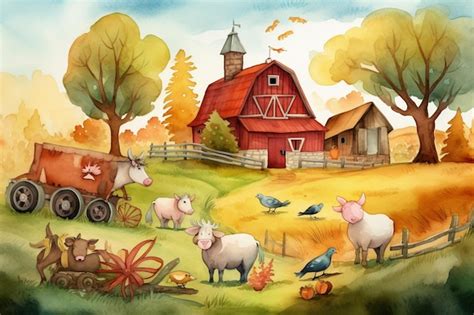 Premium AI Image | A painting of farm animals in front of a barn with a barn and a bird on the ...