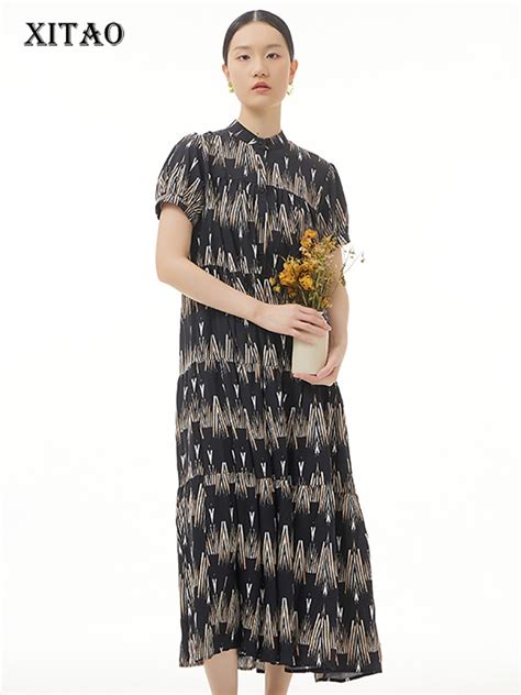 Xitao Black Print Patchwork Folds Pullover Dress 2022 Summer New