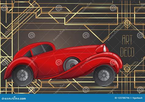 Art Deco Style Red Car Vector Illustration Roaring Twenties Stock