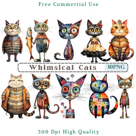 Whimsical Cats Clipart Quirky Cat Clip Art Mixed Media Cat PNG