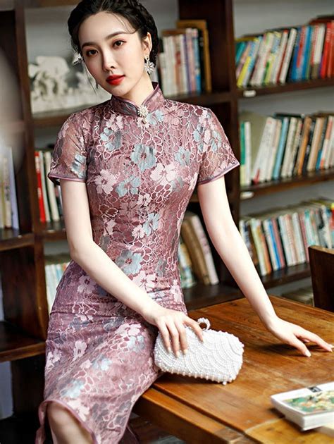 2021 Purple Floral Lace Qipao Cheongsam Dress CozyLadyWear