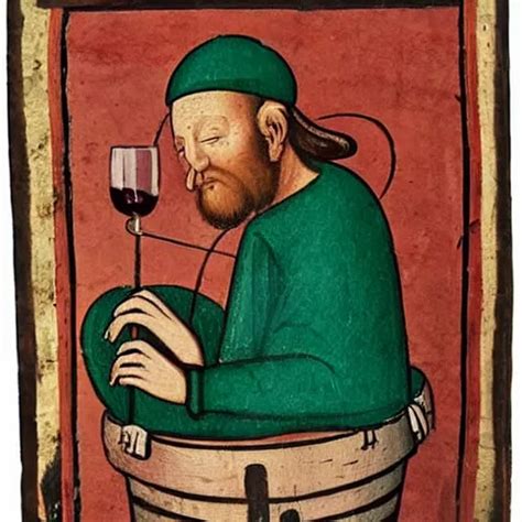 Medieval Painting Of A Monk Drinking Wine Next To A Stable Diffusion