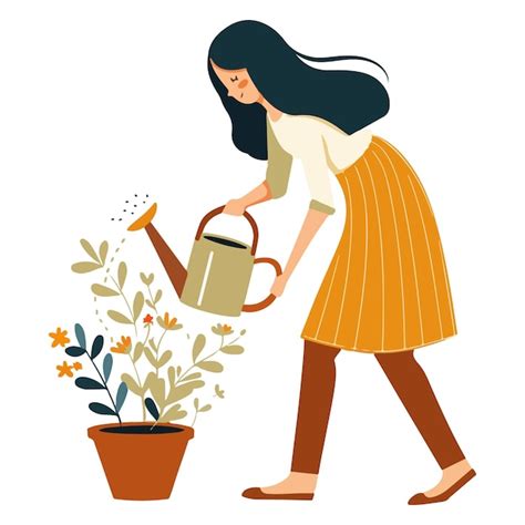 Woman Watering Plant Illustration Premium Ai Generated Vector