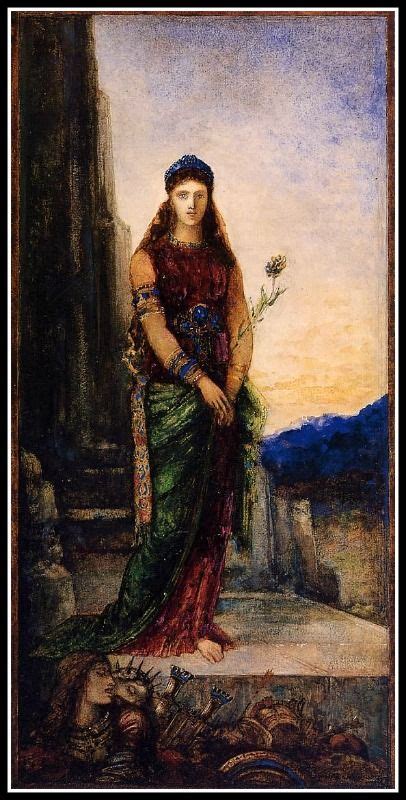 a painting of a woman with long hair and flowers in her hand, sitting ...